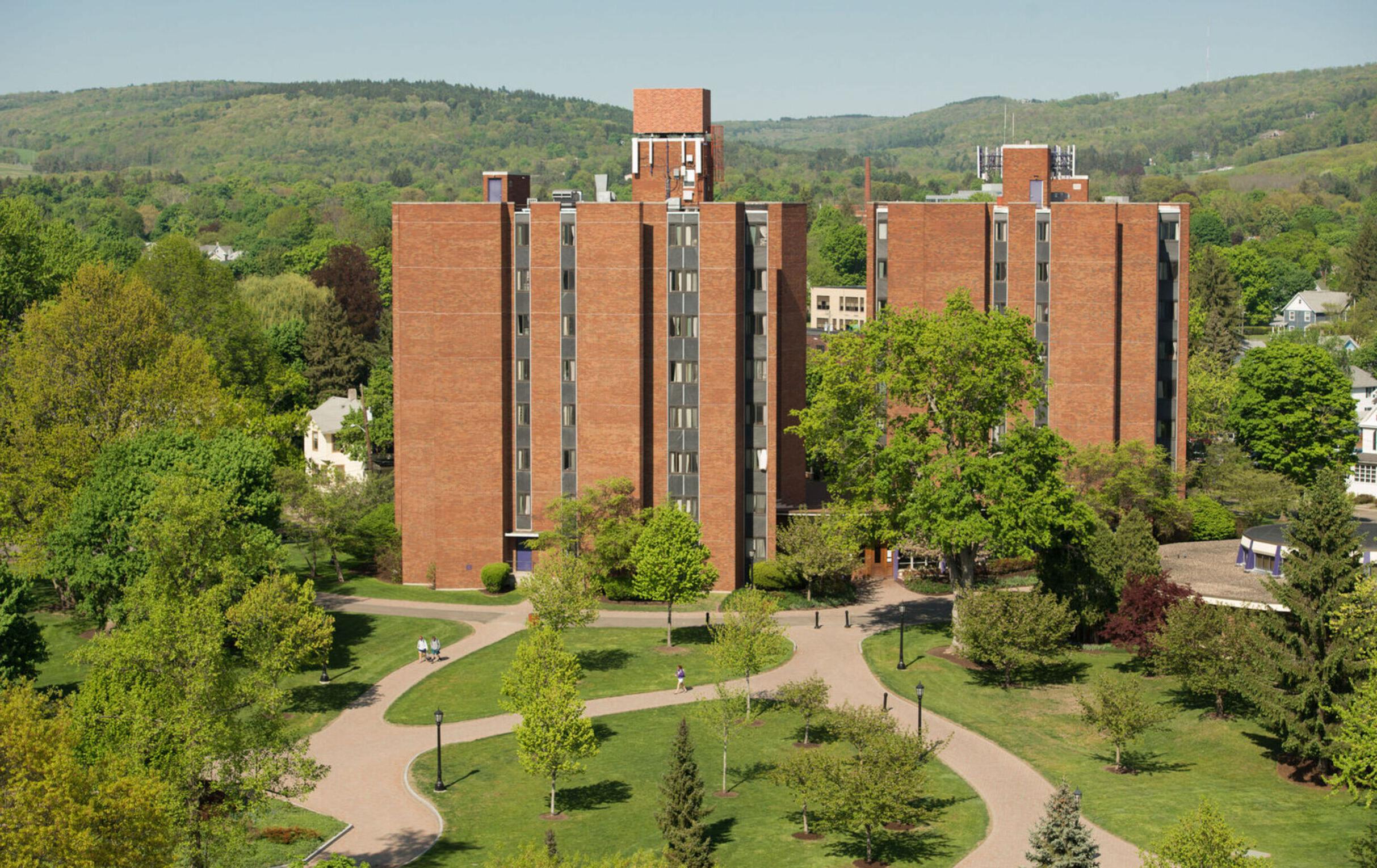 Aerial view of the Twin Towers at Elmira College